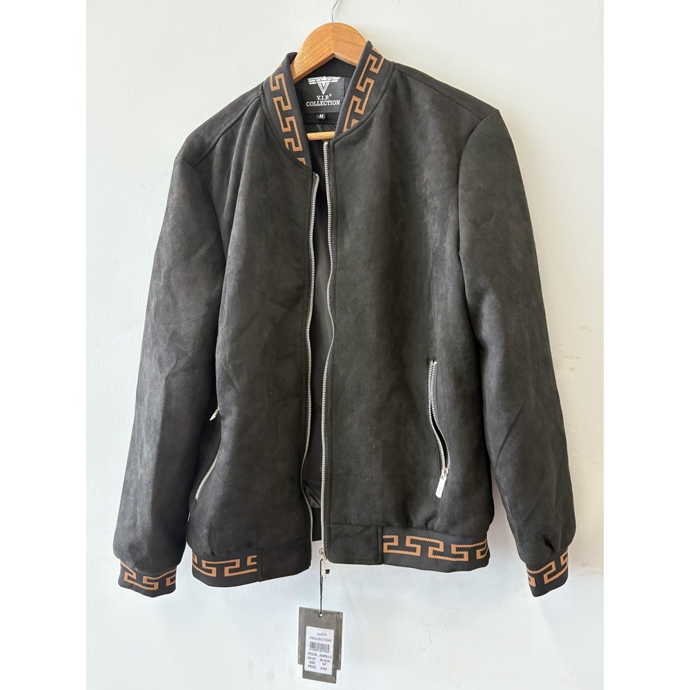 V.I.P Collection Jacket Mens Medium Black Bomber Full Zip Lined Greek Key